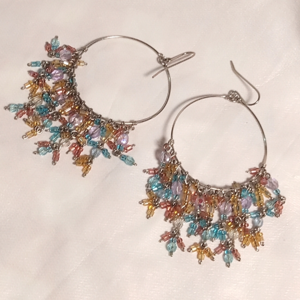 boho Colorful beaded 2.5" hoop earrings Silvertone